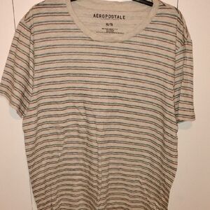 Aeropostale Men's Cream Short-Sleeve Tee with Multi-Color Stripes